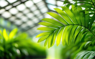 Obraz premium Lush green palm leaves stretch towards a bright, sunlit greenhouse, showcasing vibrant foliage and a serene botanical atmosphere.