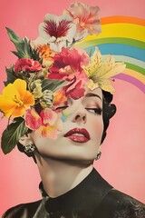 A pop art collage of a young woman with flowers growing out from her face