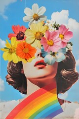 A pop art collage of a young woman with flowers growing out from her face