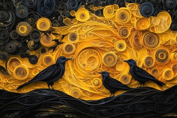 Three Black Birds on a Paper Art Background