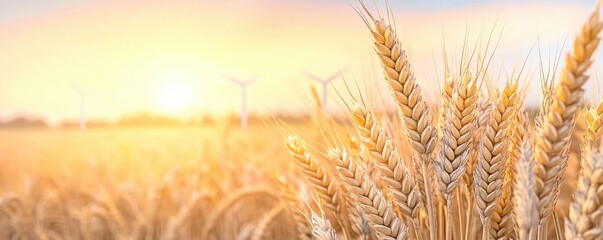 Obraz premium Wheat sustainability idea. Golden wheat field under sunrise with wind turbines in the background, nature's beauty.
