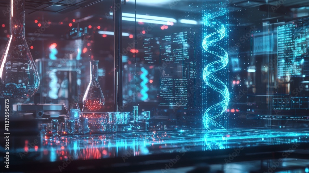 Poster Innovative biomedical research lab futuristic setting visual data analysis high-tech environment science concept