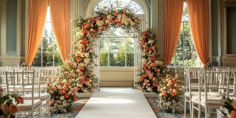 Fototapeta premium Elegant Floral Arrangement in Wedding Ceremony Hall with Light Drapes and Beautiful Windows Showcasing Bright Natural Light