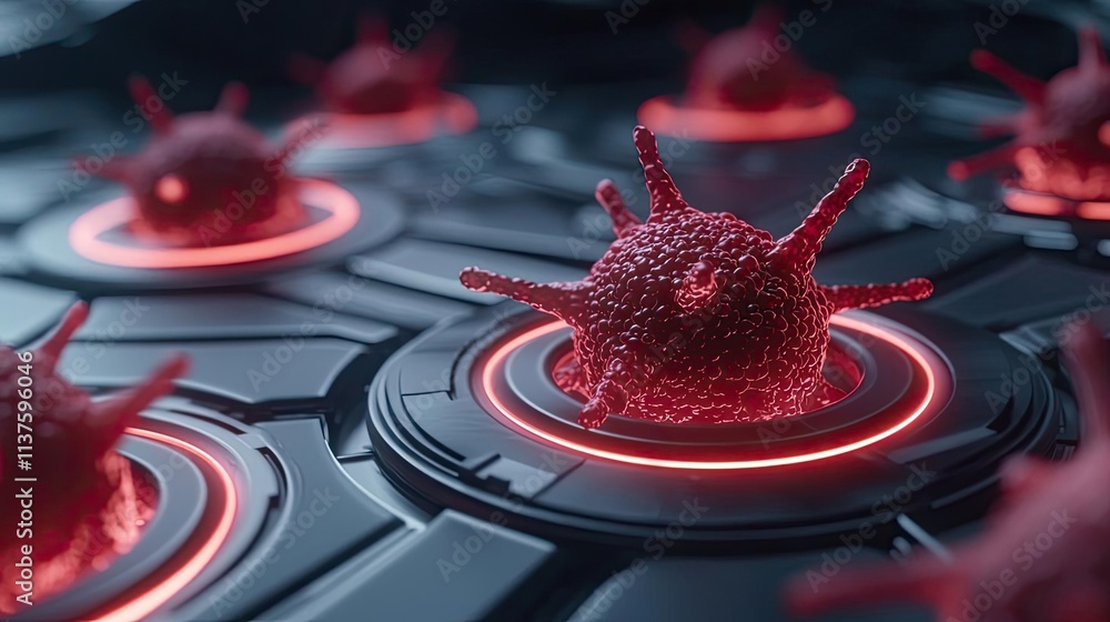 Poster cancer cells idea. close-up of a virus model with bright red features on a high-tech surface.