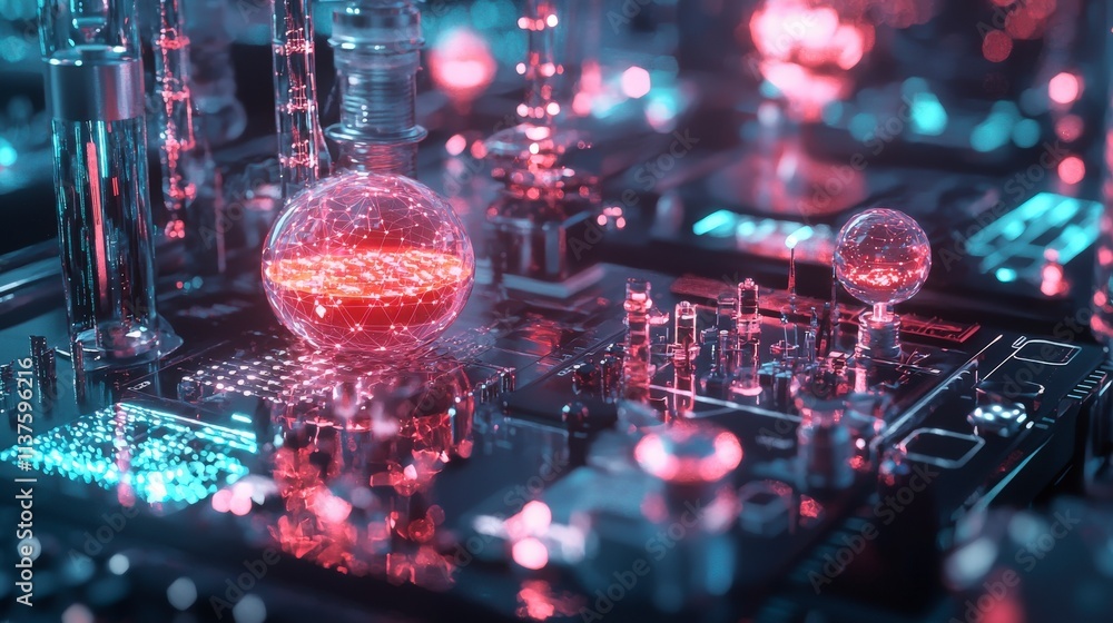 Poster Advanced material visualization in neon technology lab digital art futuristic environment close-up viewpoint