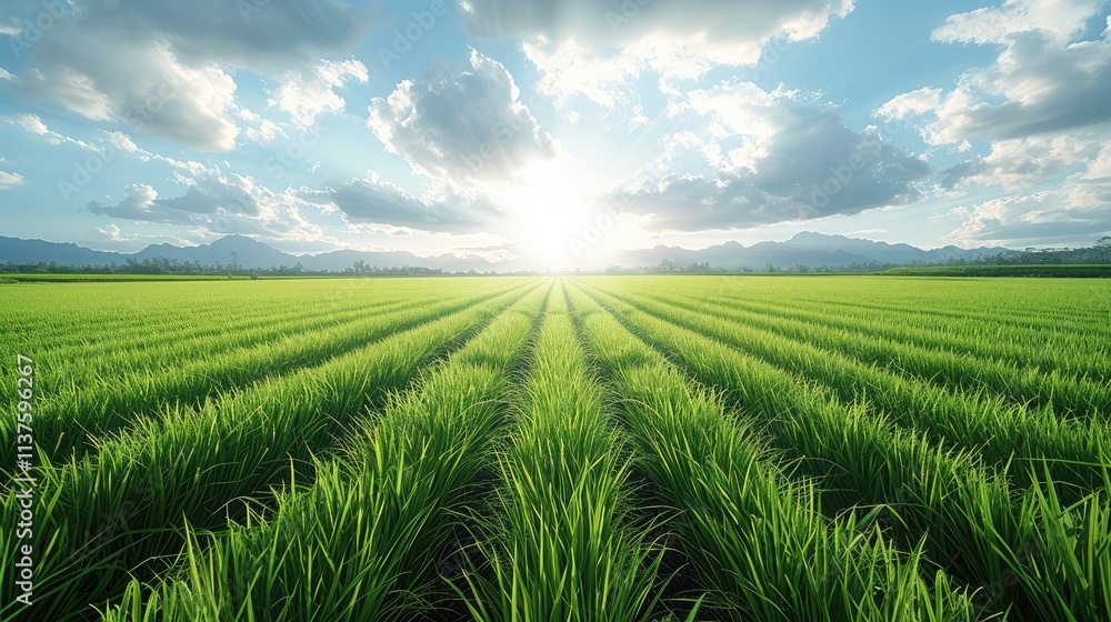 Aufkleber green rows of rice paddy fields stretch into the horizon against a sunny sky.