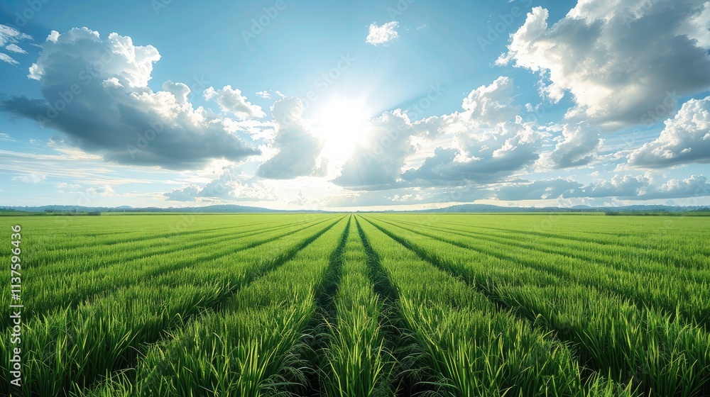 Poster green rows of rice paddy fields stretch into the horizon against a sunny sky.