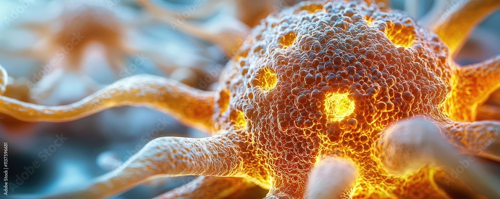 Poster cancer cells idea. detailed microscopic view of a glowing cell with intricate structures and texture