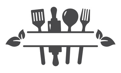 Split frame monogram design, kitchen nametag with spatula, spoon. Isolated vector silhouette on white background. Chef name tag template. Cookin or baking course member sign