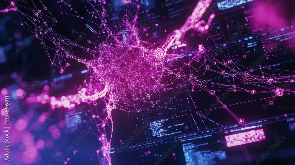 Fototapete Exploring a glowing neural network model visualization in a digital environment for technology insights