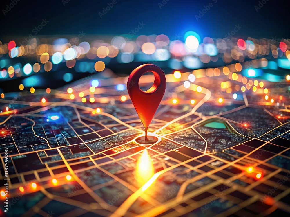 Poster night city navigation gps map red pin pointer location travel guide