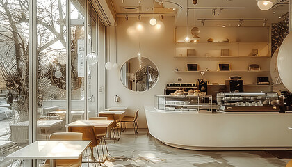 A small white coffee shop with a glass wall, chairs and tables in the middle of which is an oval mirror hanging on one side. minimalist style that emphasizes clean lines and simplicity.