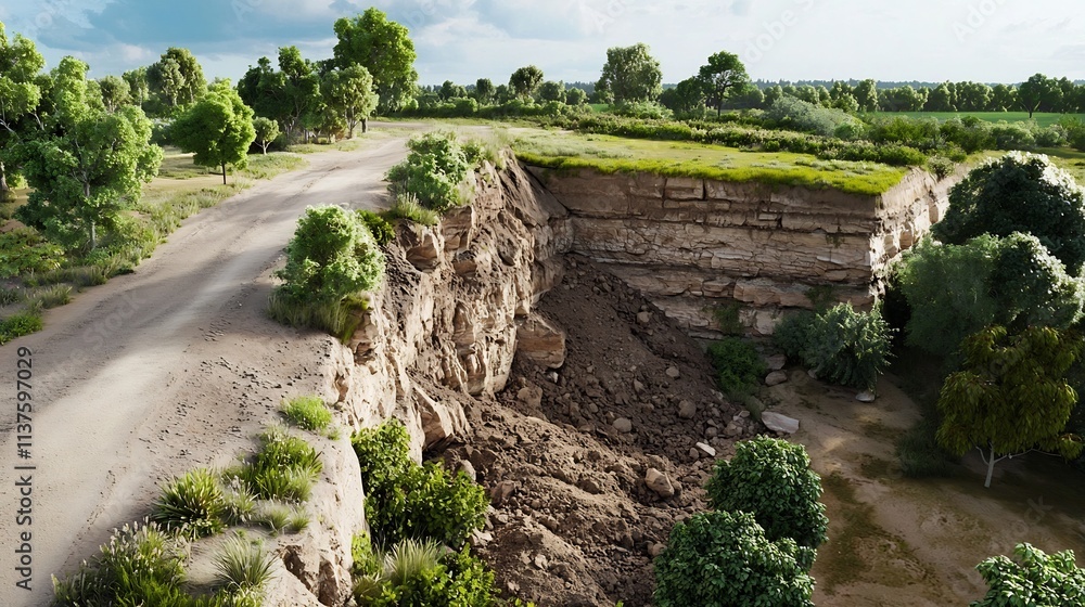 Poster landslide risk visualization with virtual twin simulation showing soil movement and copy space for d