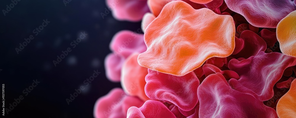 Poster cancer cells idea. close-up view of colorful, abstract cell structures in a dark background.