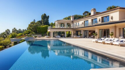 Fototapeta premium Luxurious minimalist house featuring a pool in the backyard. This house has a modern design background wallpaper AI generated image