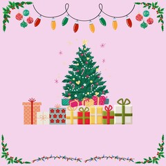 cheerful Christmas tree with presents underneath, surrounded by festive lights and ornaments