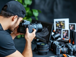 Obraz premium Photographer reviewing photos on laptop, surrounded by camera equipment.