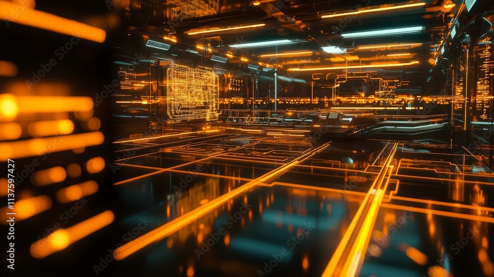 Poster futuristic control room design high-tech environment digital infrastructure sci-fi aesthetic advance