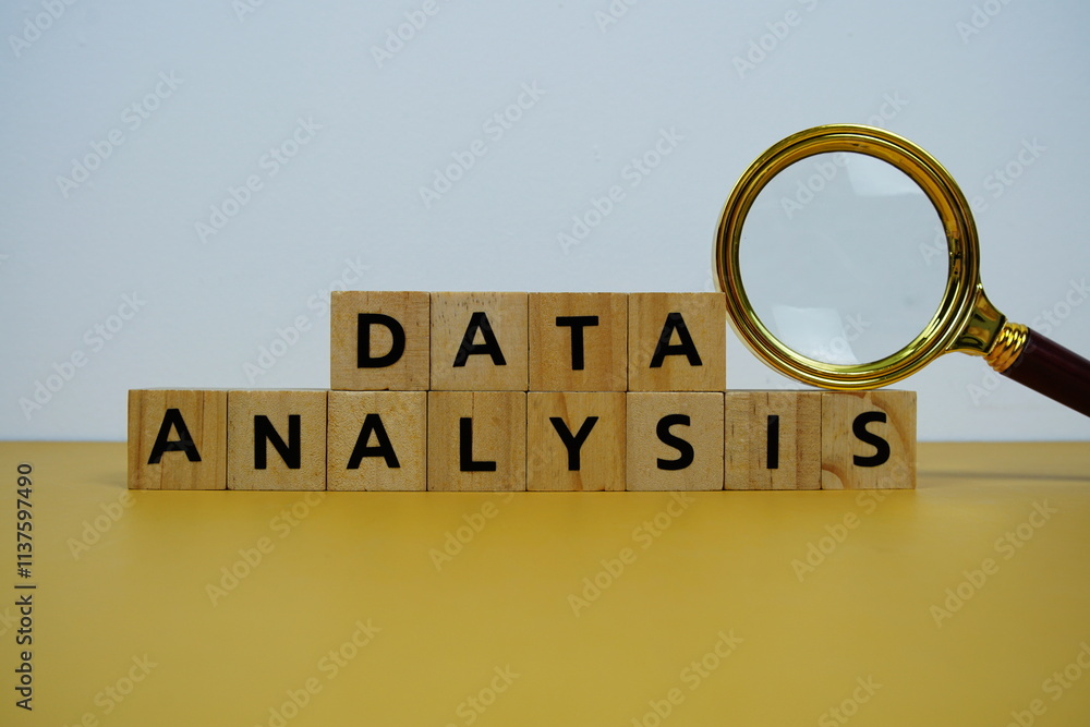 Poster magnifying glass with wooden blocks alphabet letters data analysis text message on yellow background