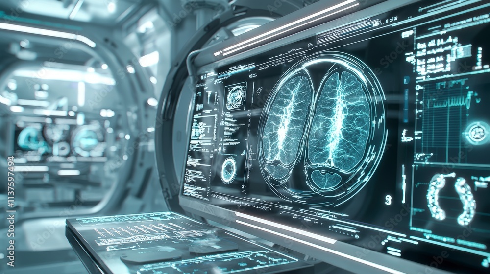 Poster Advanced medical technology setup featuring futuristic glowing displays in a high-tech environment