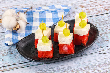 Watermelon with feta and grape