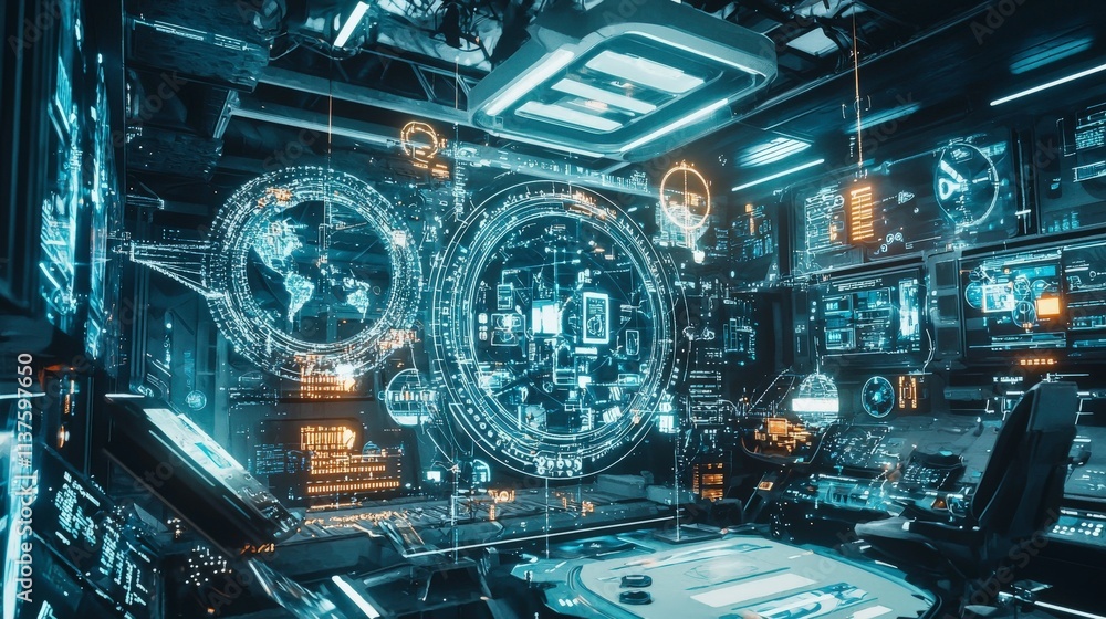 Poster Futuristic digital command center a high-tech virtual space visualization from a bird's eye view of innovation