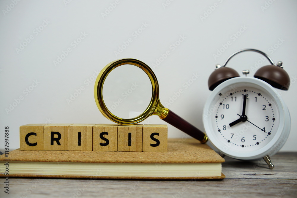 Poster magnifying glass and alarm clock with wooden blocks alphabet letters crisis text message on wooden b