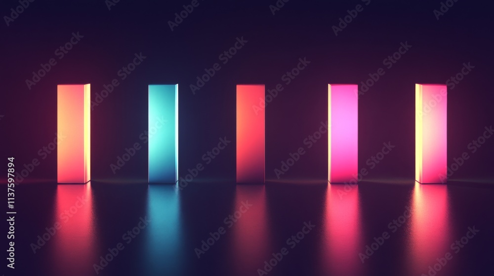 Poster neon light display with colorful vertical panels on dark background