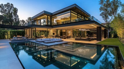 Fototapeta premium Luxurious minimalist house featuring a pool in the backyard. This house has a modern design background wallpaper AI generated image