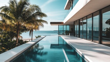 Fototapeta premium Minimalist and luxurious modern house near the tropical beach, featuring a rectangular pool, background wallpaper AI generated image