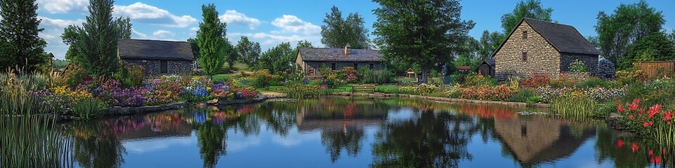 Obraz premium A peaceful village pond reflecting colorful flowers, stone houses, and tall green trees on a calm sunny day