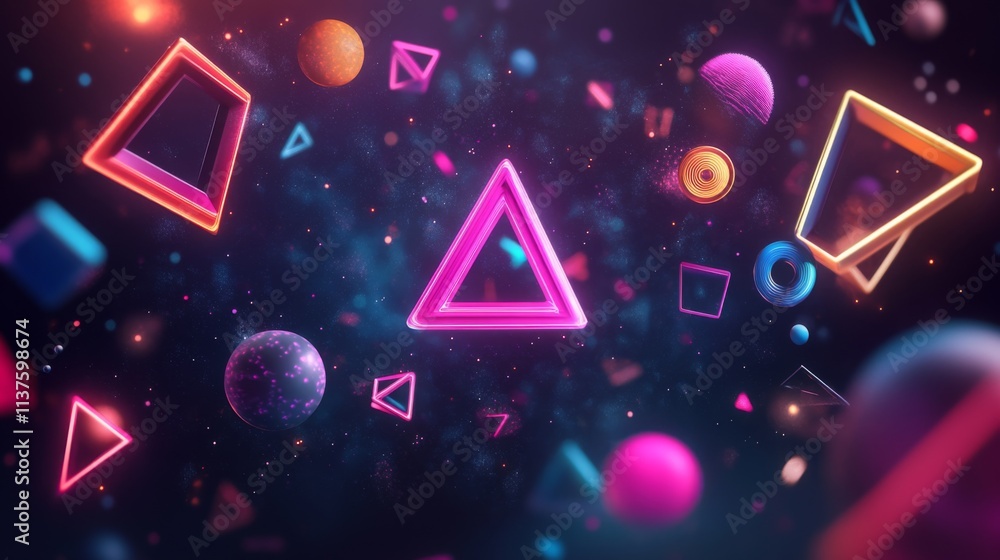 Poster colorful abstract 3d shapes floating in cosmic background