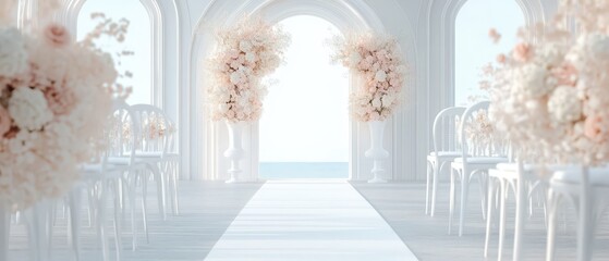 Elegant Wedding Ceremony Setup with Floral Arrangements in Bright Hall by the Seaside with White Chairs and Soft Pastel Colors