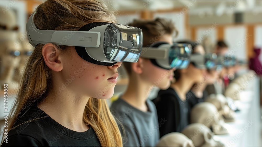 Poster Students view historical events or scientific concepts through AR glasses, integrating the virtual world with the real world.