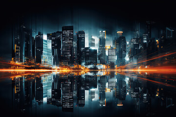 Obraz premium generated illustration of abstract blue cityscape with skyscrapers and buildings reflecting in water.
