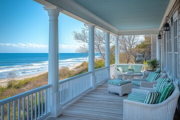 Fototapeta premium Cozy beach house in New Jersey with a deck featuring green-striped chairs and white wicker furniture, ocean view, sunny day, blue sky, and white wooden columns.