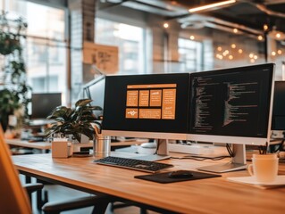 Modern office workspace with dual monitors displaying code and design mockups.