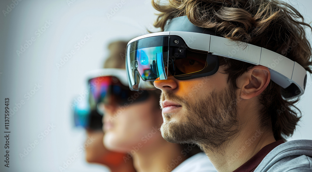 Poster students view historical events or scientific concepts through ar glasses, integrating the virtual w