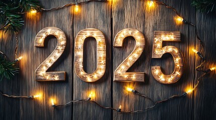 The rustic wooden surface with golden "2025" numbers is lit by cozy, warm holiday string lights.