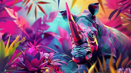 A vibrant, abstract depiction of a rhinoceros surrounded by colorful foliage and plants, showcasing a mix of geometric shapes and vivid colors.