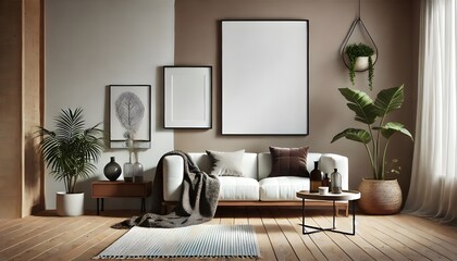 Modern Living Room Mockup with Empty Frame and Neutral Tones