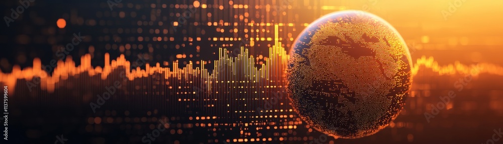 Poster a vibrant digital abstract depicting the earth and sound waves against a backdrop of warm colors and