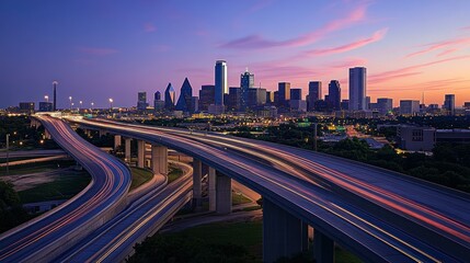 Fototapeta premium Modern overpass with sleek concrete arches and multiple lanes, illuminated by street lights at dusk background wallpaper AI generated image