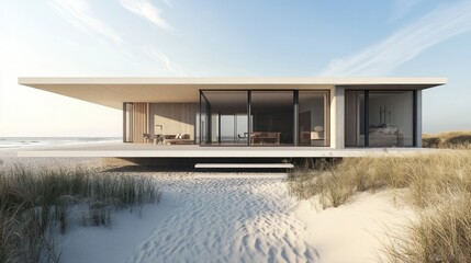 Minimalist beach house with open design equipped with large exterior glass doors, with a sandy beach background wallpaper AI generated image