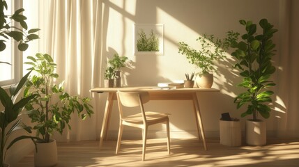 Obraz premium Minimalist home office with a light wooden table, chairs and some stylish plants scattered around, background wallpaper AI generated image