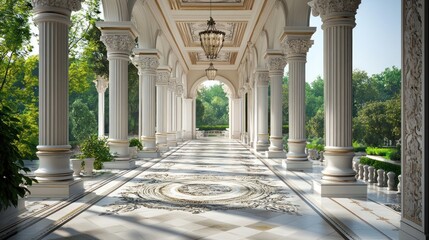 Sunlit colonnade with ornate floor and lush greenery.