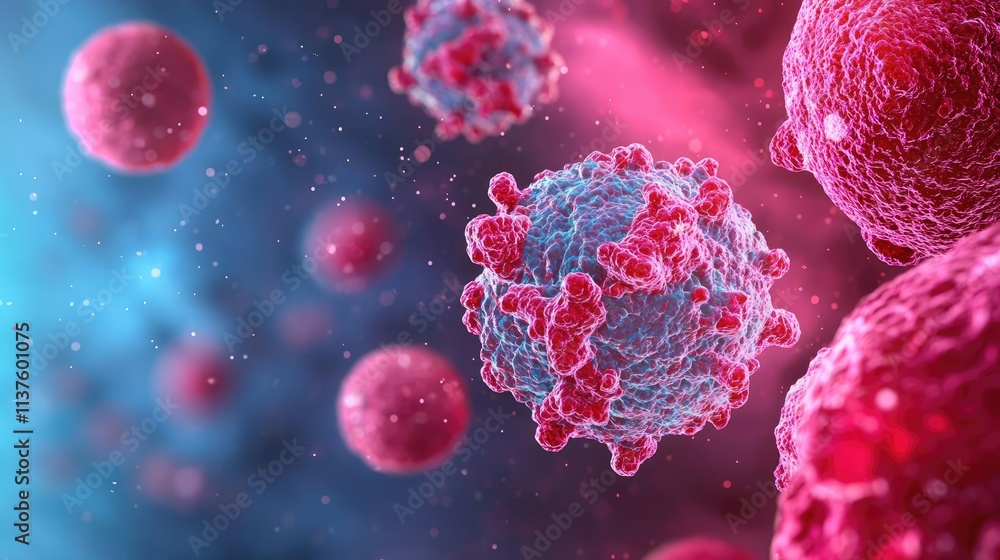 Poster cancer cells idea. microscopic view of virus particles in vibrant colors showcasing complex structur