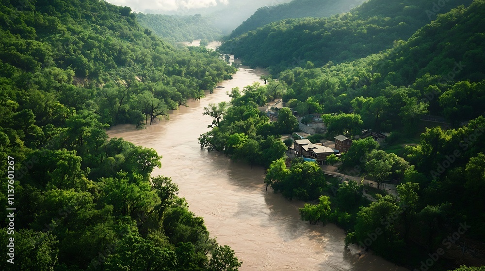 Poster a photograph of a flash flood hazard map with a virtual twin analyzing river overflow risks and leav