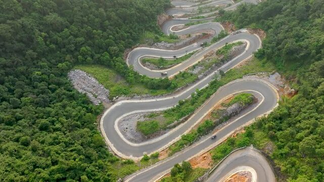 Khau Coc Cha Pass Steep Winding Road in Vietnam - Dramatic Aerial View of Mountain Switchbacks.  Bao Lac district, Cao Bang province, Vietnam.  