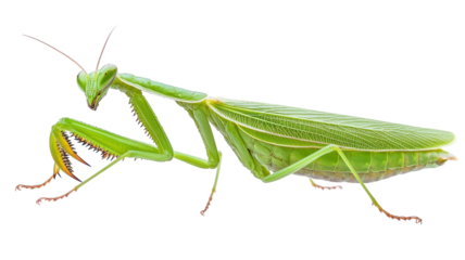 A close-up of a vibrant green mantis resting on a plain background, showcasing its detailed features and poised stance during daylight.